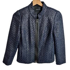 LAFAYETTE 148 NEW YORK ZIPPERED BLACK BLUE METALLIC WOMEN BLAZER 2 WOOL BLEND